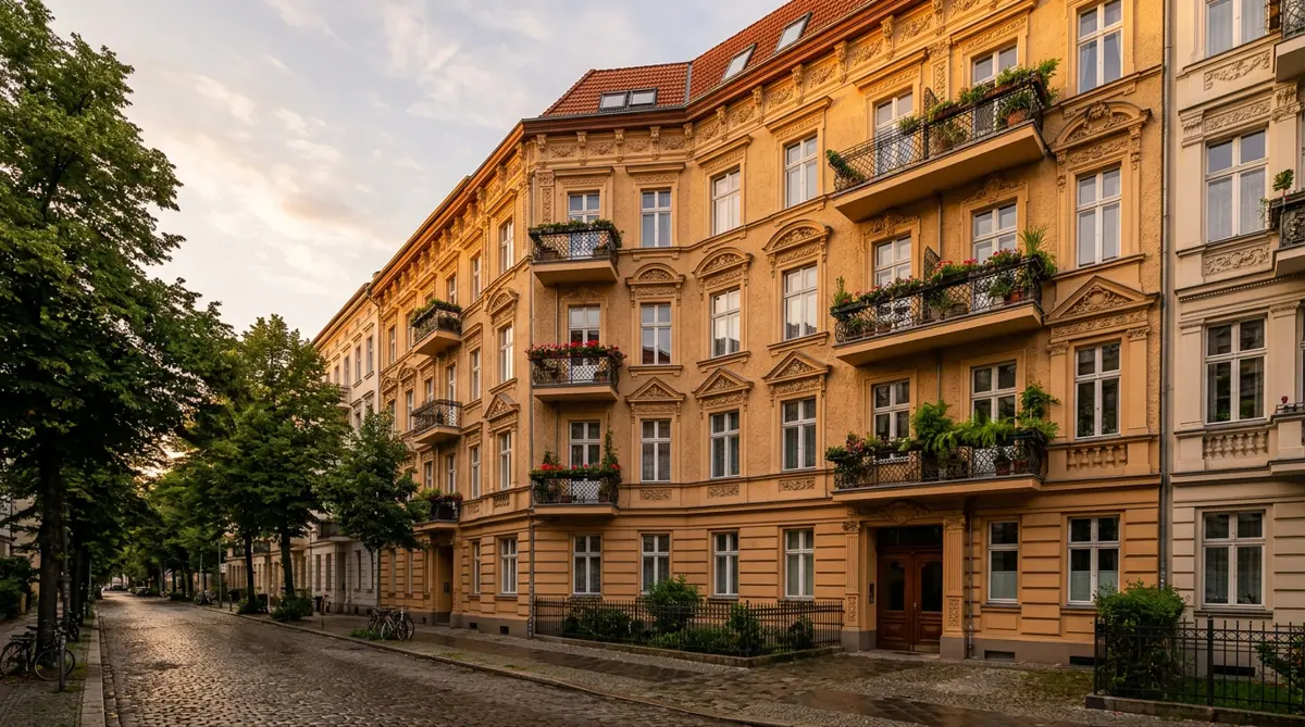 Restaurierter Berliner Altbau mit Balkonen an einer baumbestandenen Straße